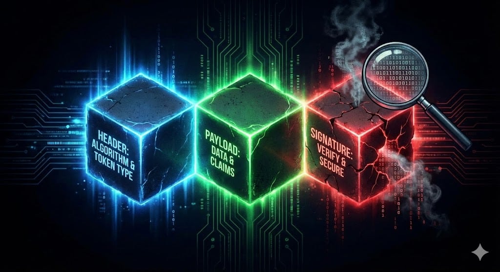 Uma ilustração conceitual de uma estrutura JSON Web Token (JWT) em um estilo cibernético e escuro. Três cubos brilhantes — um azul rotulado "HEADER: ALGORITHM & TOKEN TYPE", um verde rotulado "PAYLOAD: DATA & CLAIMS", e um vermelho rotulado "SIGNATURE: VERIFY & SECURE" — estão interconectados contra um fundo de padrões de placa de circuito. O cubo vermelho da Assinatura está rachado, com fumaça e código binário vazando sob uma lupa, simbolizando uma análise de segurança ou vulnerabilidade.